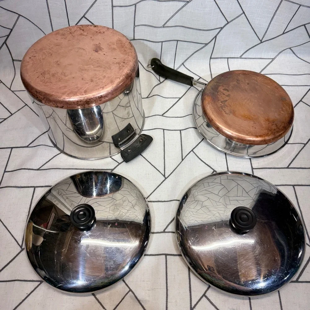 Revere Ware Cookware Set 9in 6qt‎ Silver Copper Bottom Skillet Stock Pot 4pc